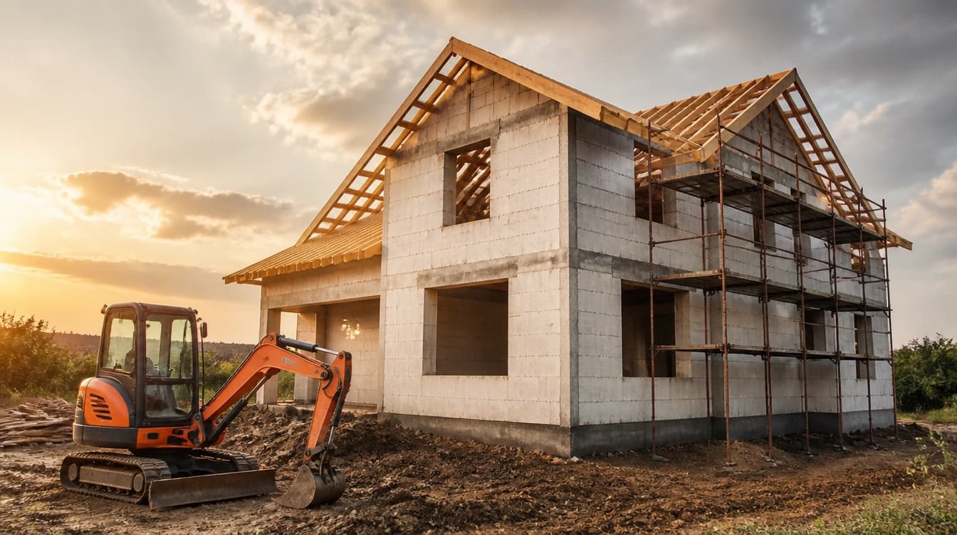 Casă în construcție cu tehnica Mark Mir Construct pe șantier
